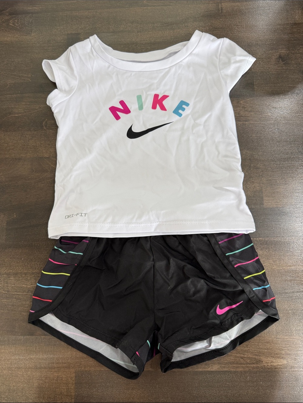 Nike White Tee with Multicolor Logo & Black Shorts